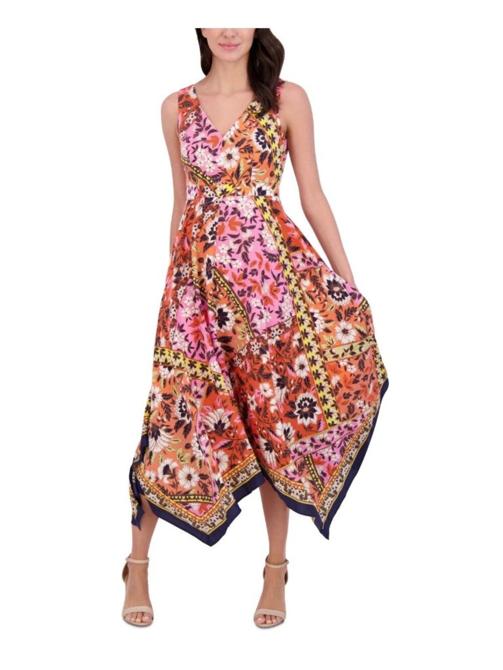 Vince Camuto Womens V Neck Handkerchief Hem Midi Dress Multicolor Size 12 NWT